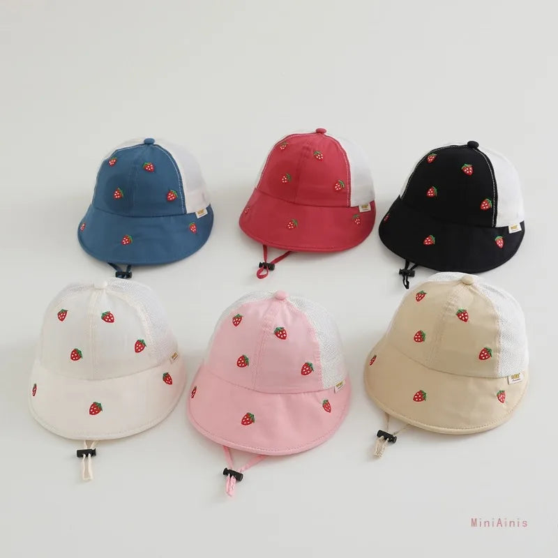 Baby Kids Summer Sun Hat 48-50cm 1-3 Years Breathable Mesh Fishing Hat Sweet Bucket Hat for Boys Girls UV Protection Cap Hats