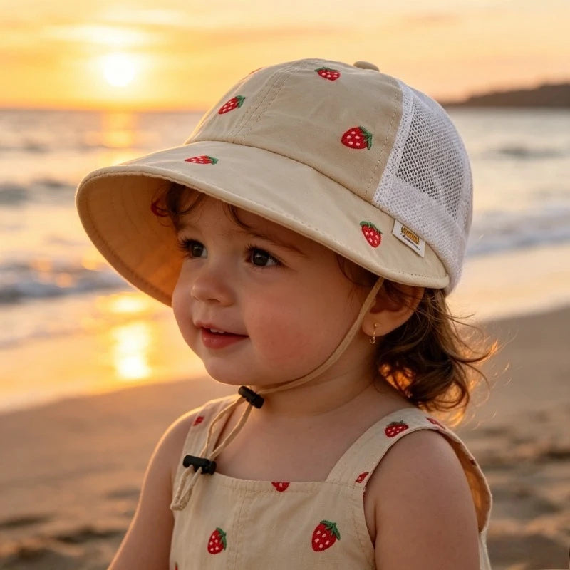 Baby Kids Summer Sun Hat 48-50cm 1-3 Years Breathable Mesh Fishing Hat Sweet Bucket Hat for Boys Girls UV Protection Cap Hats