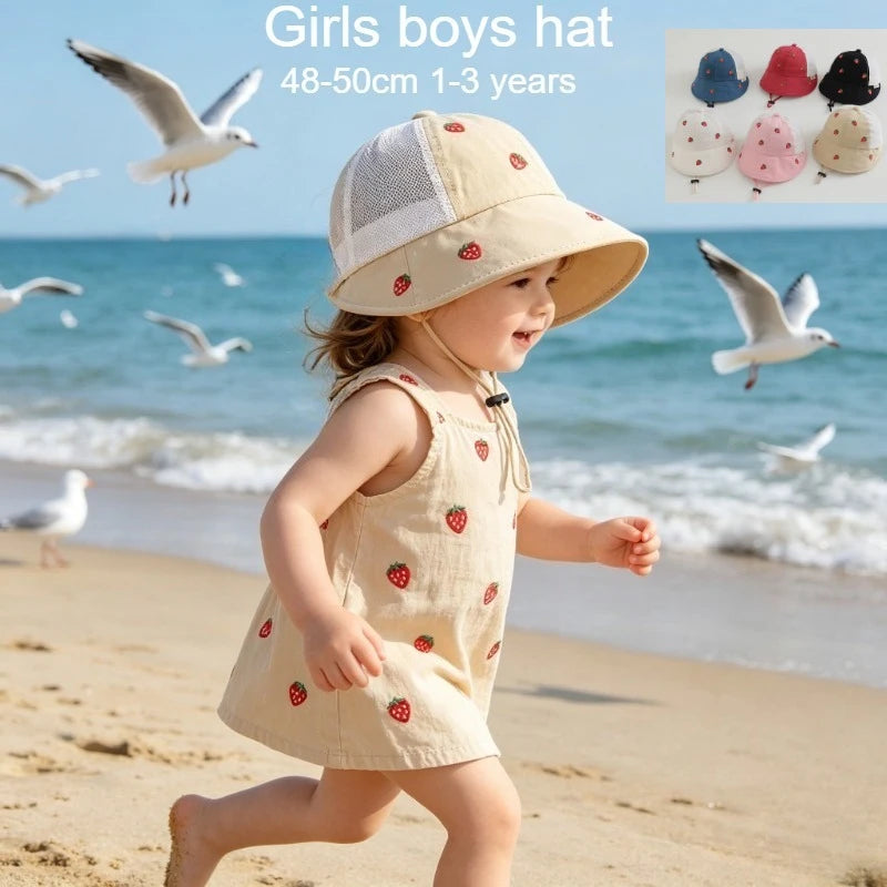 Baby Kids Summer Sun Hat 48-50cm 1-3 Years Breathable Mesh Fishing Hat Sweet Bucket Hat for Boys Girls UV Protection Cap Hats